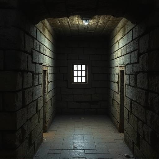 Fotografía de una antigua celda de prisión con muros de piedra y una pequeña ventana.