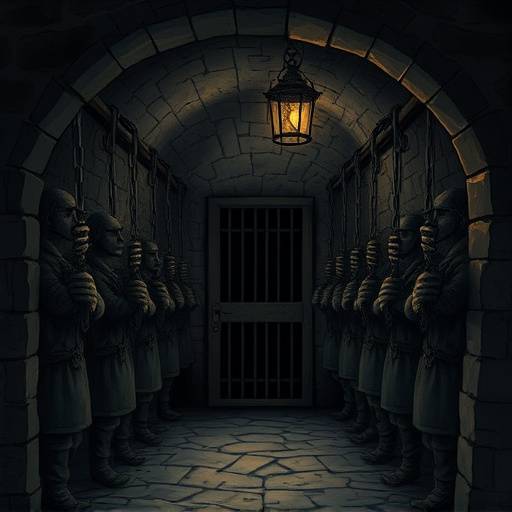 Ilustración histórica de una celda penitenciaria medieval, mostrando prisioneros encadenados en un calabozo oscuro