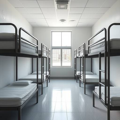 Imagen de una celda de mínima seguridad con literas, ventanas amplias y un ambiente más abierto.
