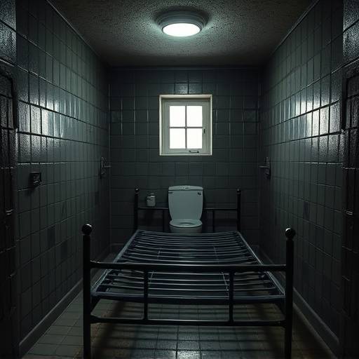 Imagen de una celda penitenciaria típica, mostrando una cama, un inodoro y una pequeña ventana